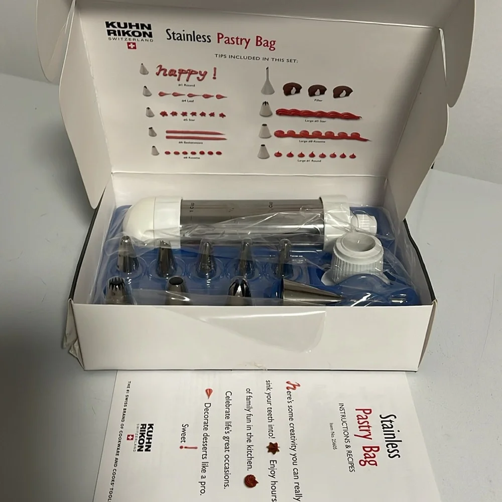 Stainless steel pastry bag NIB by Kuhn Rikon- 12 piece set- tips & bag in steel - Picture 2 of 6